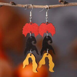 Hocus Pocus Halloween Red Black Yellow Witch Head Tassel Design Dangle Earrings
